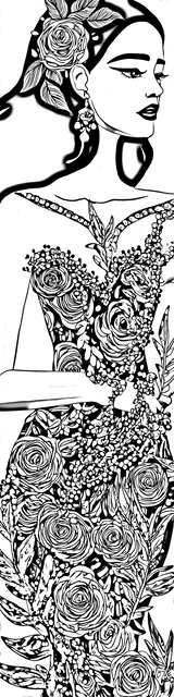 Free colorable bookmarks of a woman standing in a rose dress